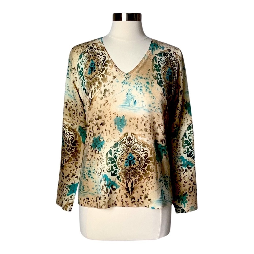 Peck & Peck 100% Cashmere Paisley V Neck Sweater Large